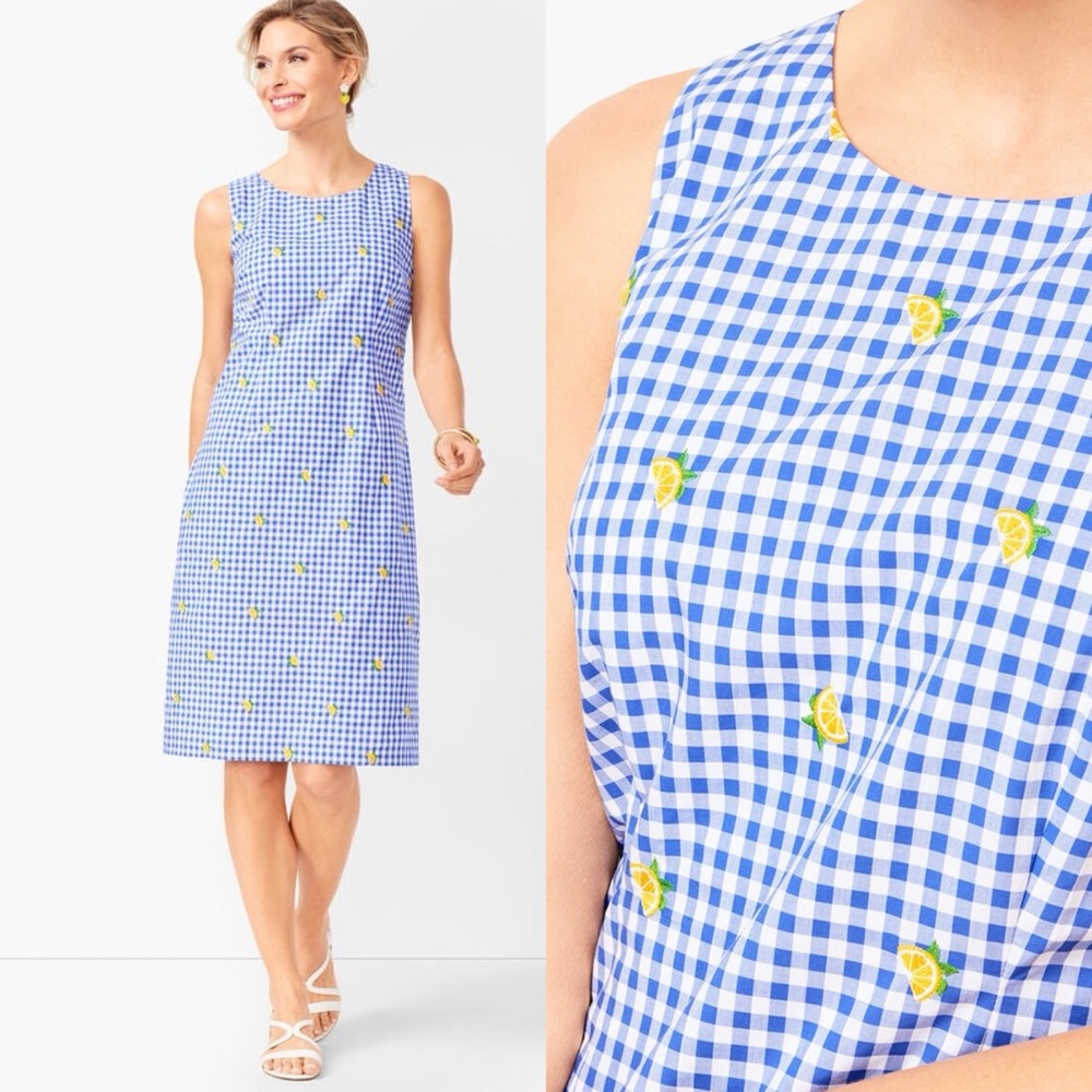 NWOT Talbots • Blue and white gingham dress with embroidered lemons size 8
